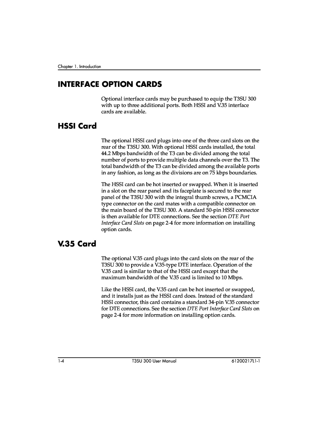 ADTRAN T3SU 300 user manual Interface Option Cards, HSSI Card, V.35 Card 