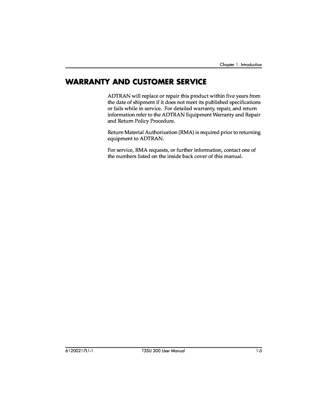 ADTRAN T3SU 300 user manual Warranty And Customer Service 