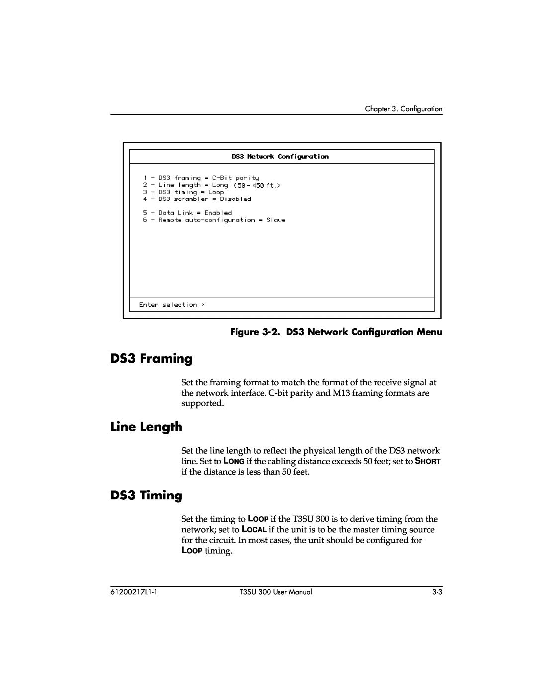 ADTRAN T3SU 300 user manual DS3 Framing, Line Length, DS3 Timing, 2. DS3 Network Configuration Menu 