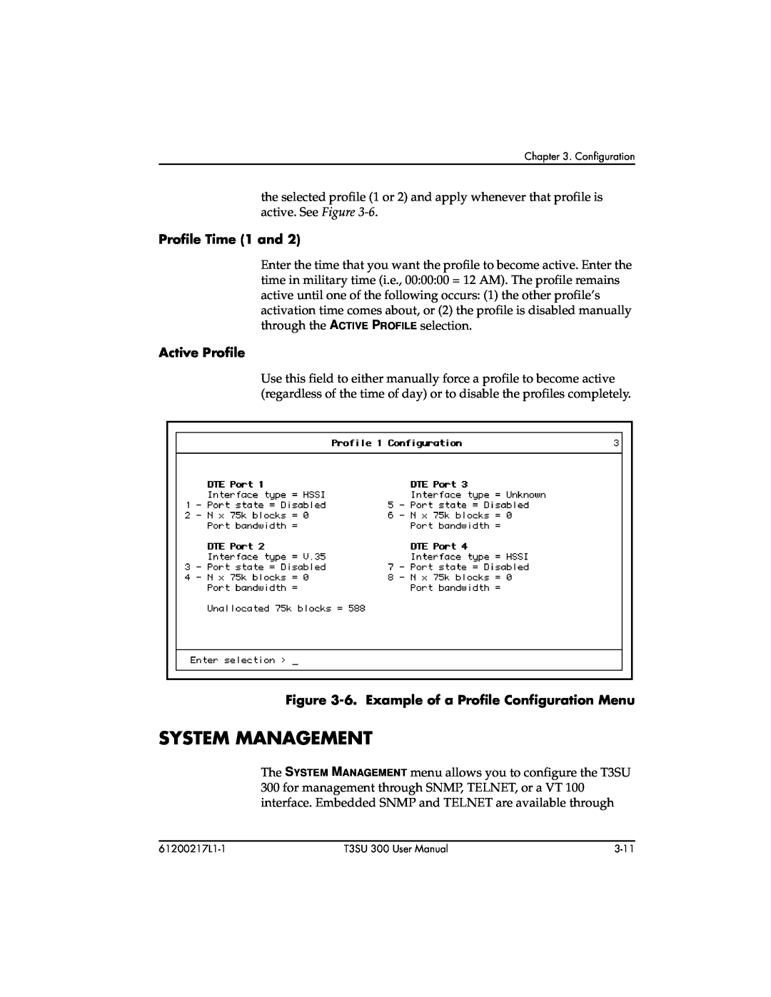 ADTRAN T3SU 300 System Management, Profile Time 1 and, Active Profile, 6. Example of a Profile Configuration Menu 