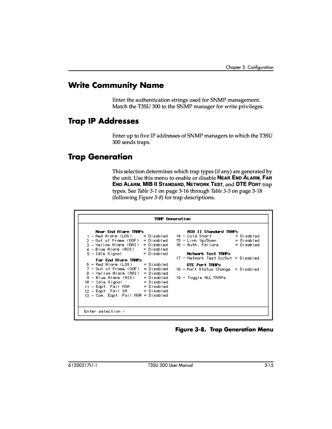 ADTRAN T3SU 300 user manual Write Community Name, Trap IP Addresses, 8. Trap Generation Menu 