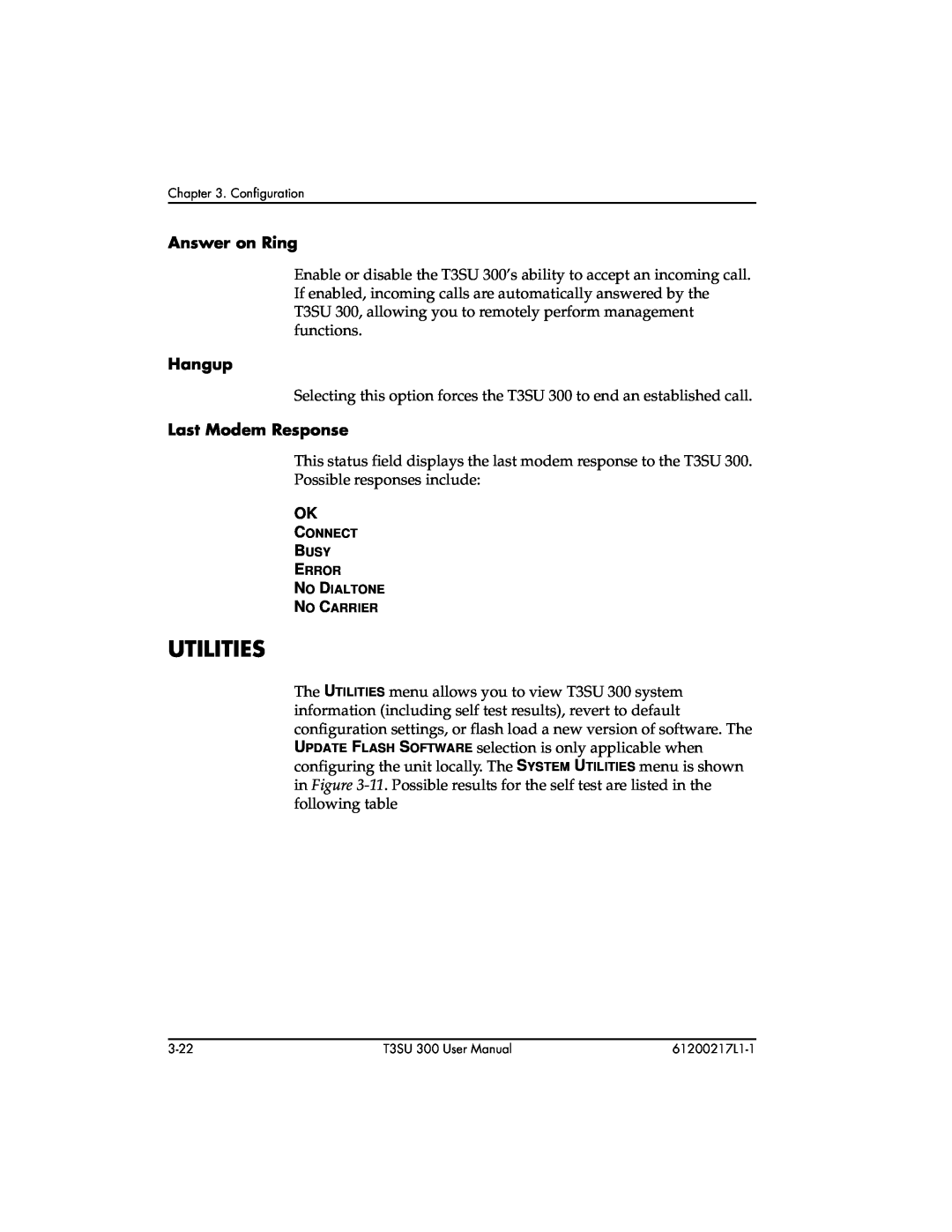 ADTRAN T3SU 300 user manual Utilities, Answer on Ring, Hangup, Last Modem Response 