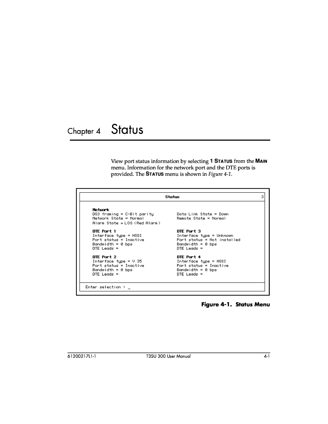 ADTRAN T3SU 300 user manual 1. Status Menu 