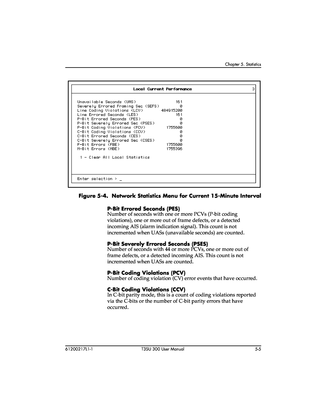 ADTRAN T3SU 300 user manual 4. Network Statistics Menu for Current 15-Minute Interval, P-Bit Errored Seconds PES 
