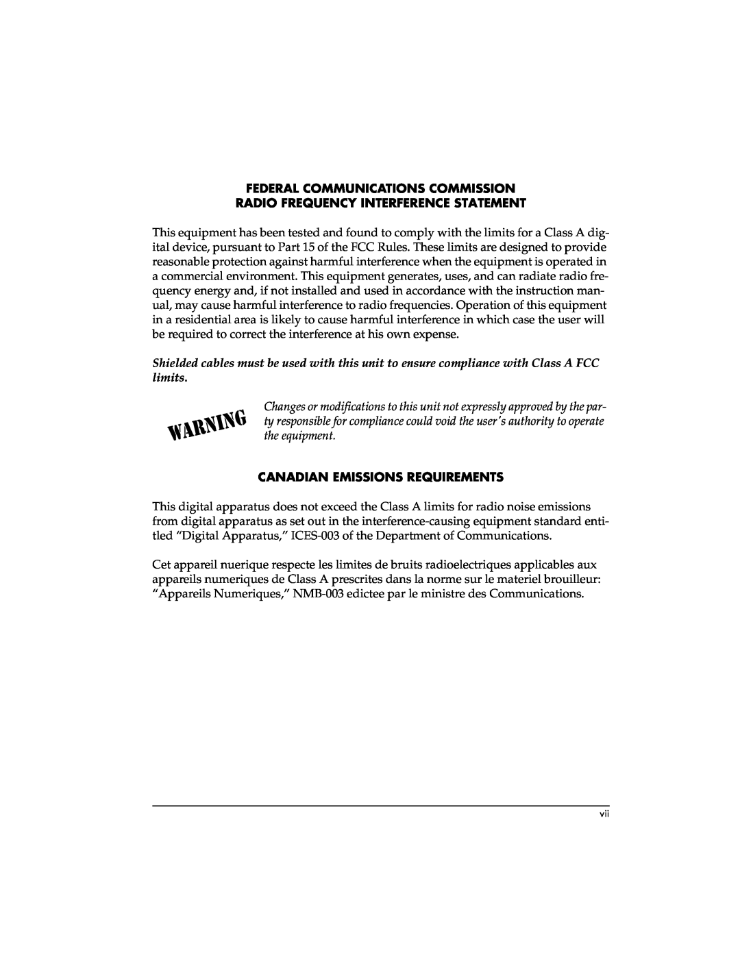 ADTRAN T3SU 300 Federal Communications Commission, Radio Frequency Interference Statement, Canadian Emissions Requirements 