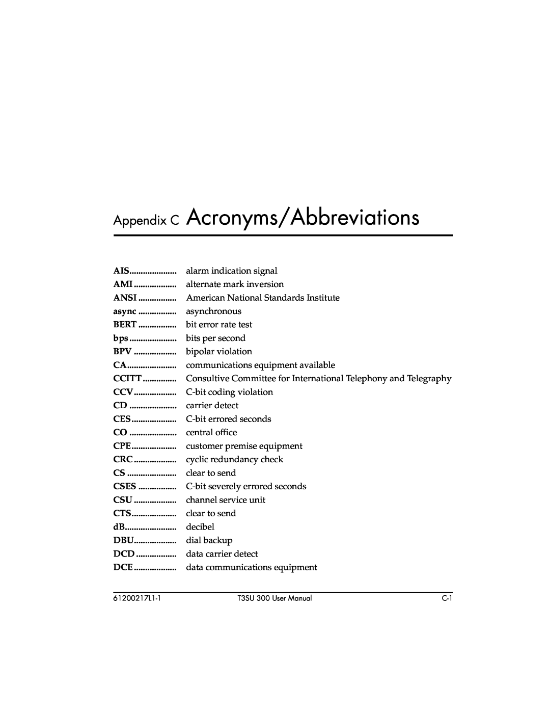 ADTRAN T3SU 300 user manual Appendix C Acronyms/Abbreviations, Ansi, async, Bert, Ccitt, Cses 