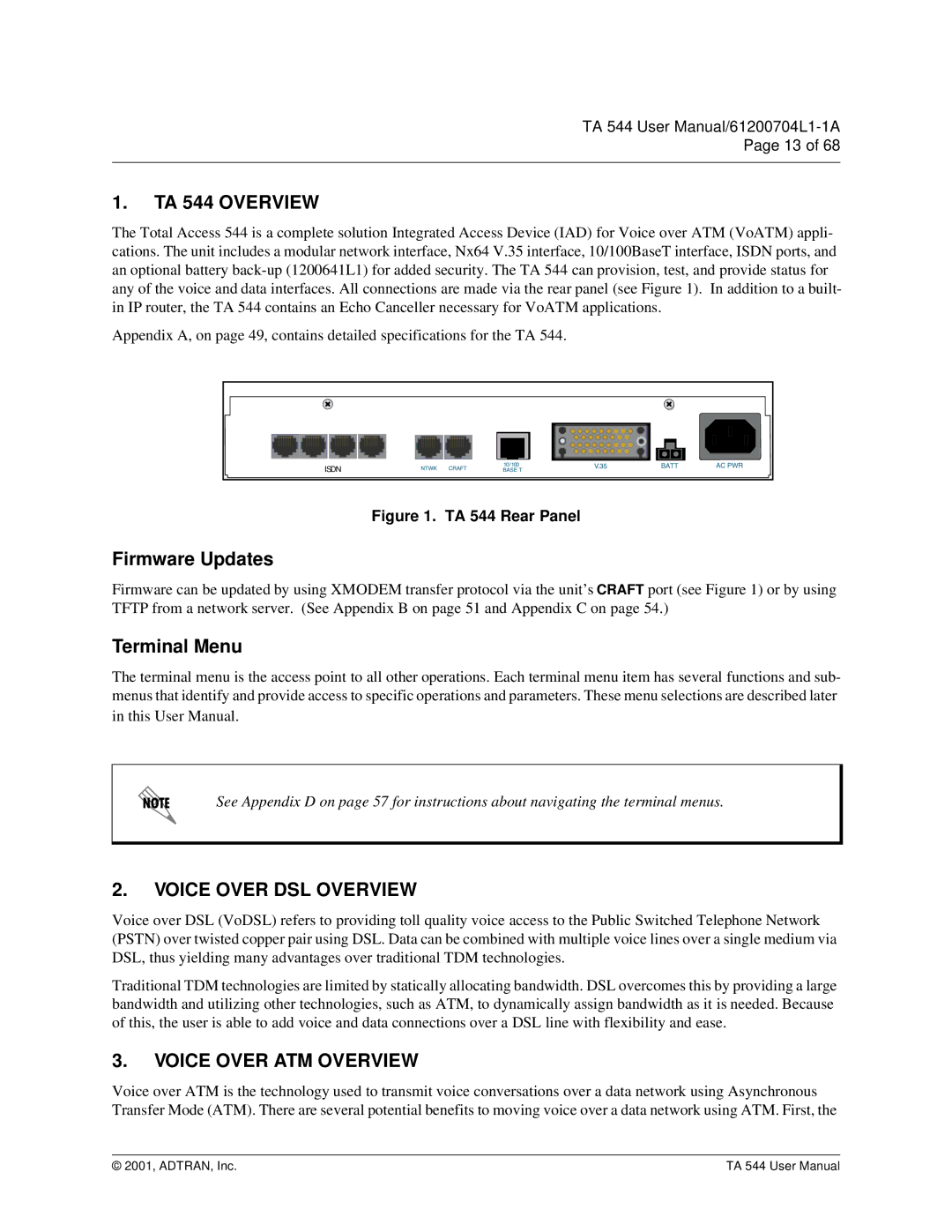 ADTRAN TA 544 user manual Firmware Updates, Terminal Menu 