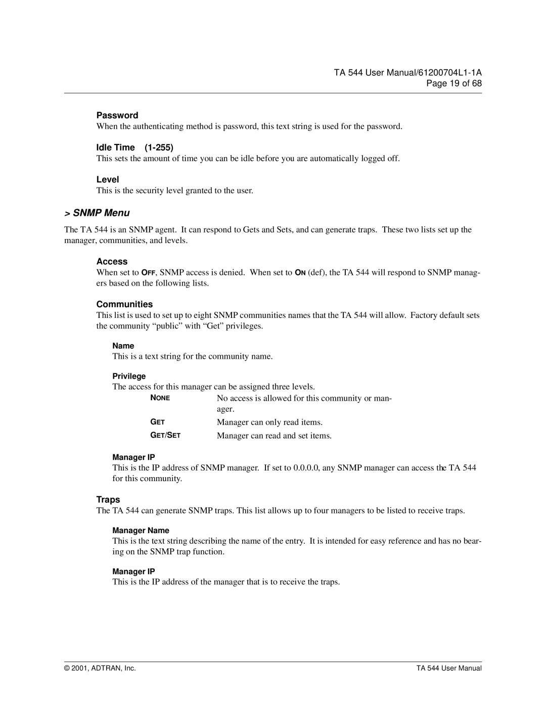 ADTRAN TA 544 user manual Snmp Menu 