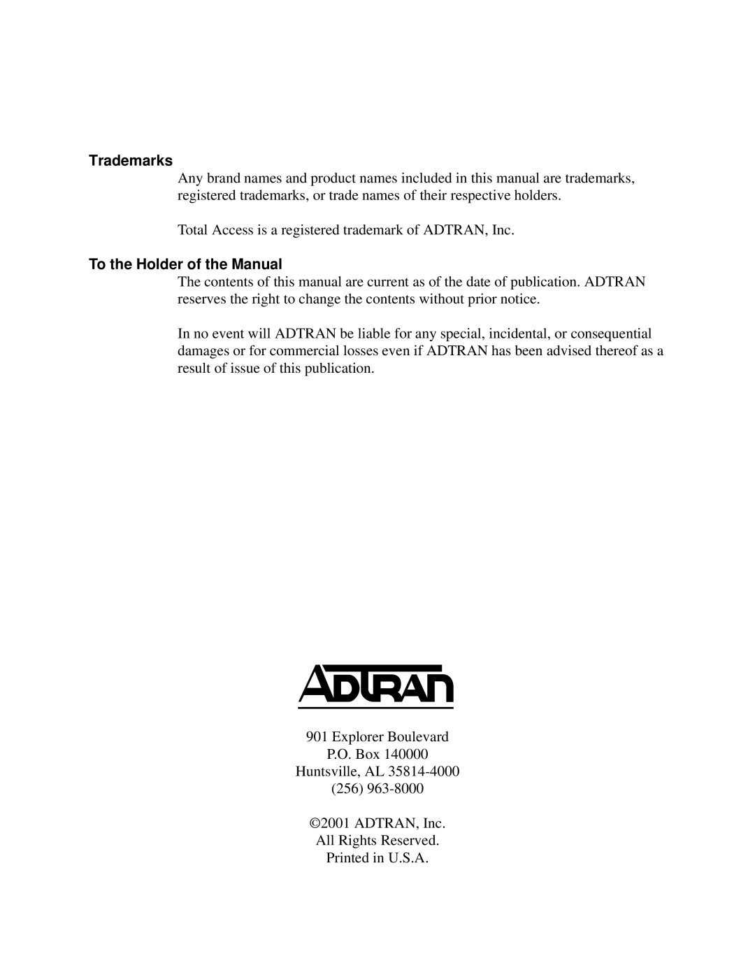 ADTRAN TA 544 user manual Trademarks, To the Holder of the Manual 