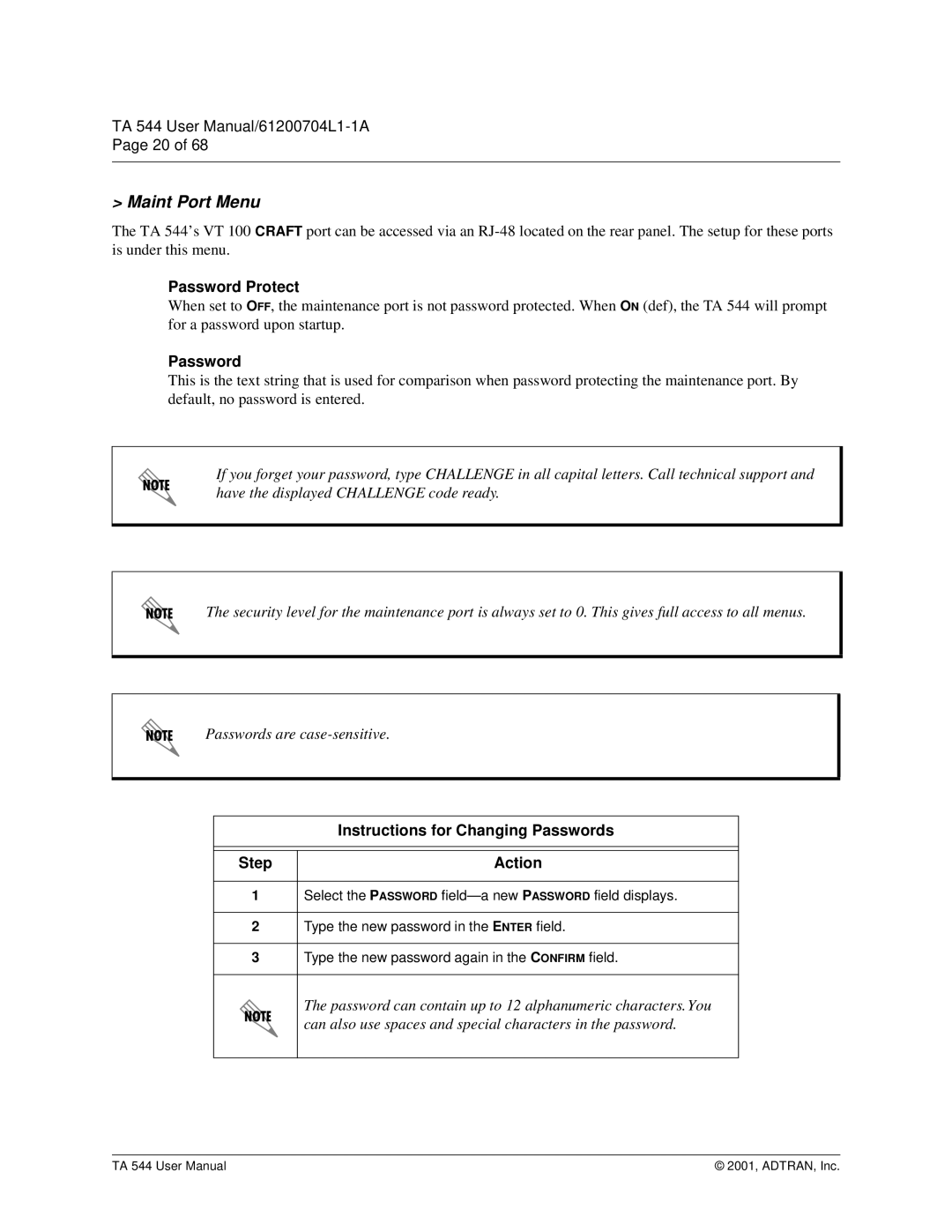 ADTRAN TA 544 user manual Maint Port Menu, Password Protect, Instructions for Changing Passwords Step Action 