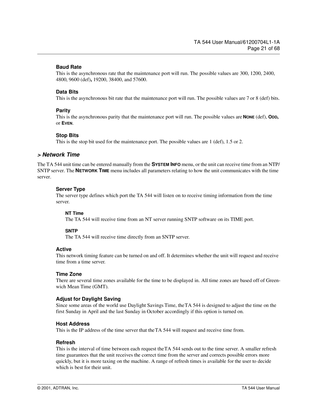 ADTRAN TA 544 user manual Network Time 