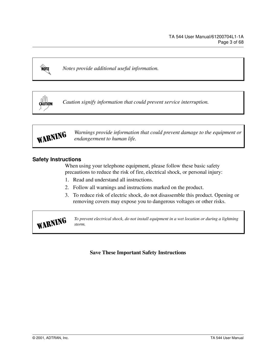 ADTRAN TA 544 user manual Safety Instructions 