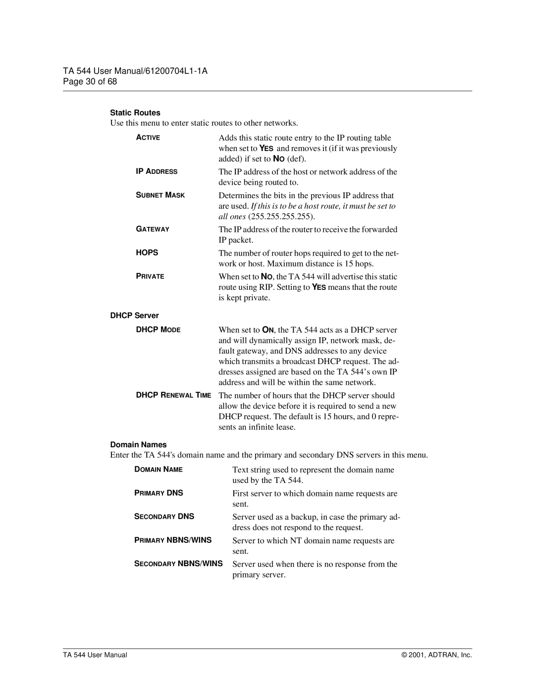 ADTRAN TA 544 user manual Use this menu to enter static routes to other networks 