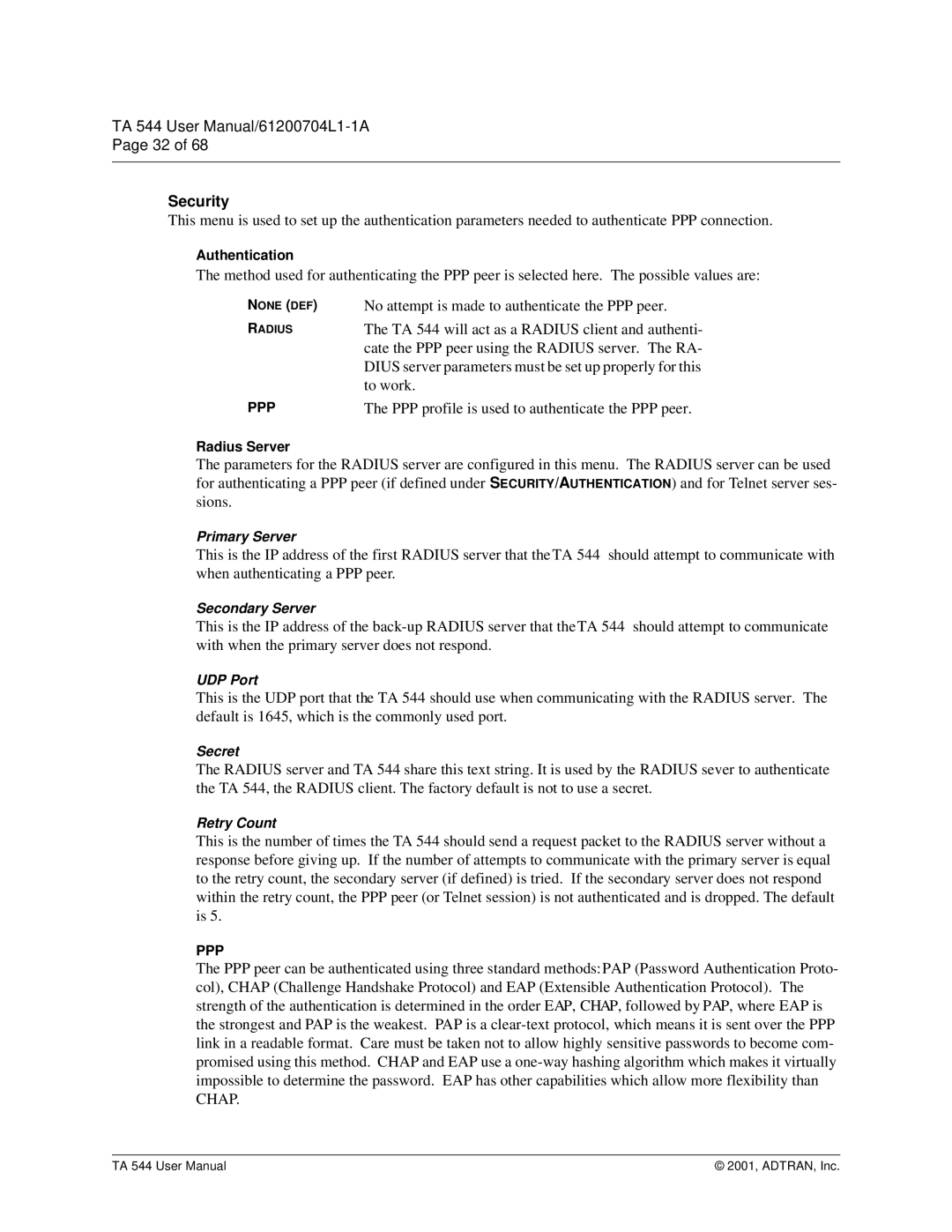 ADTRAN TA 544 user manual Security 