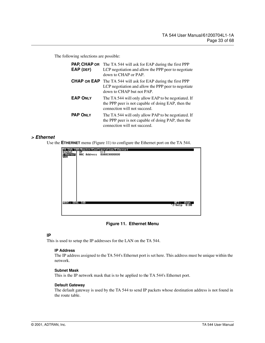 ADTRAN TA 544 user manual Ethernet Menu 