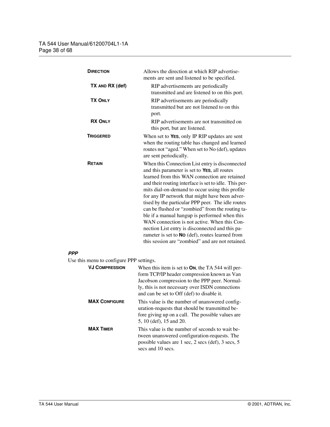 ADTRAN TA 544 user manual When set to Y ES, only IP RIP updates are sent 