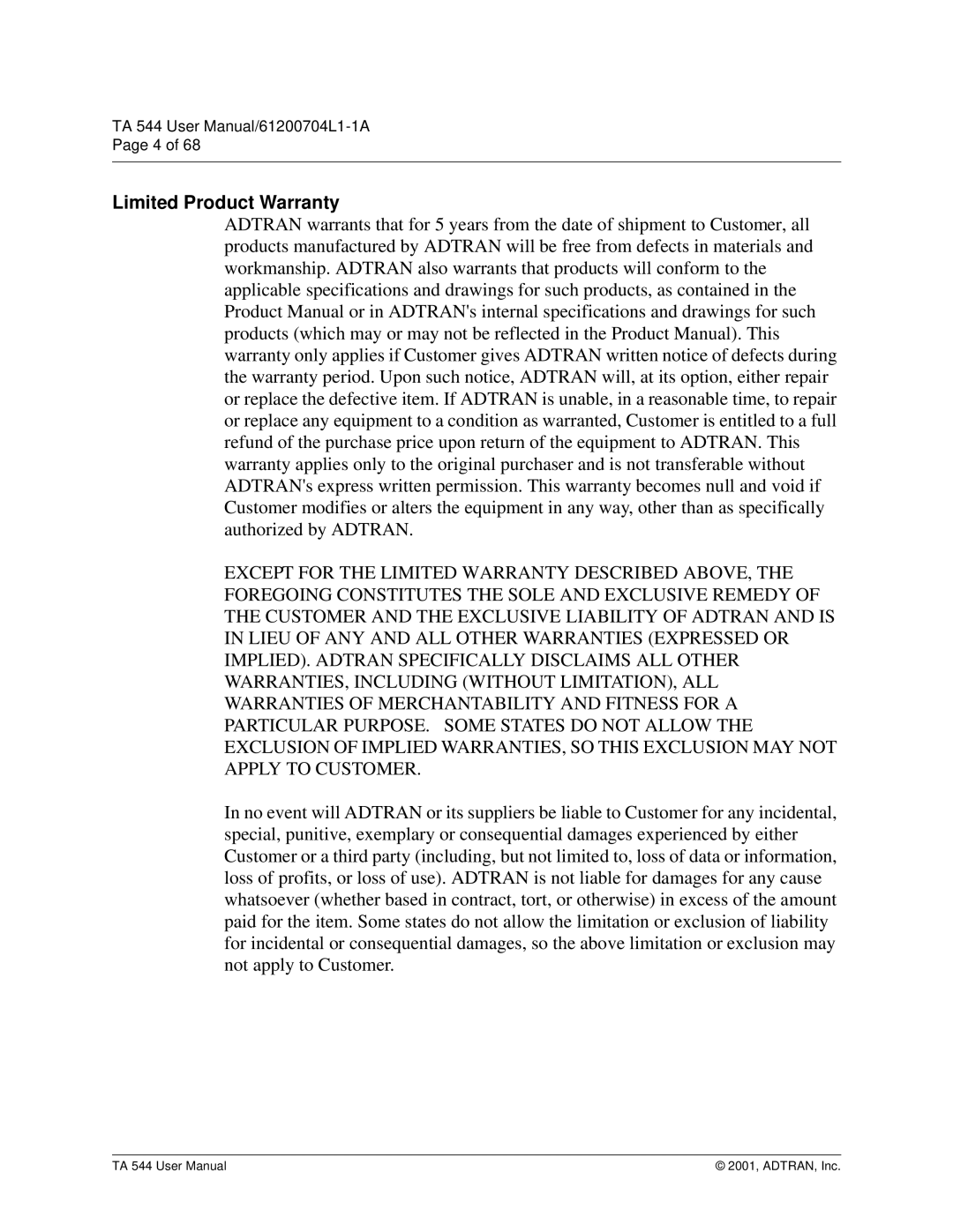 ADTRAN TA 544 user manual Limited Product Warranty 