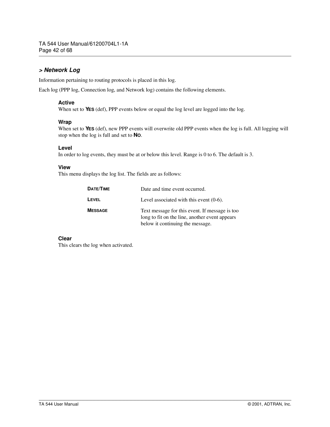 ADTRAN TA 544 user manual Network Log, Wrap, View, Clear 