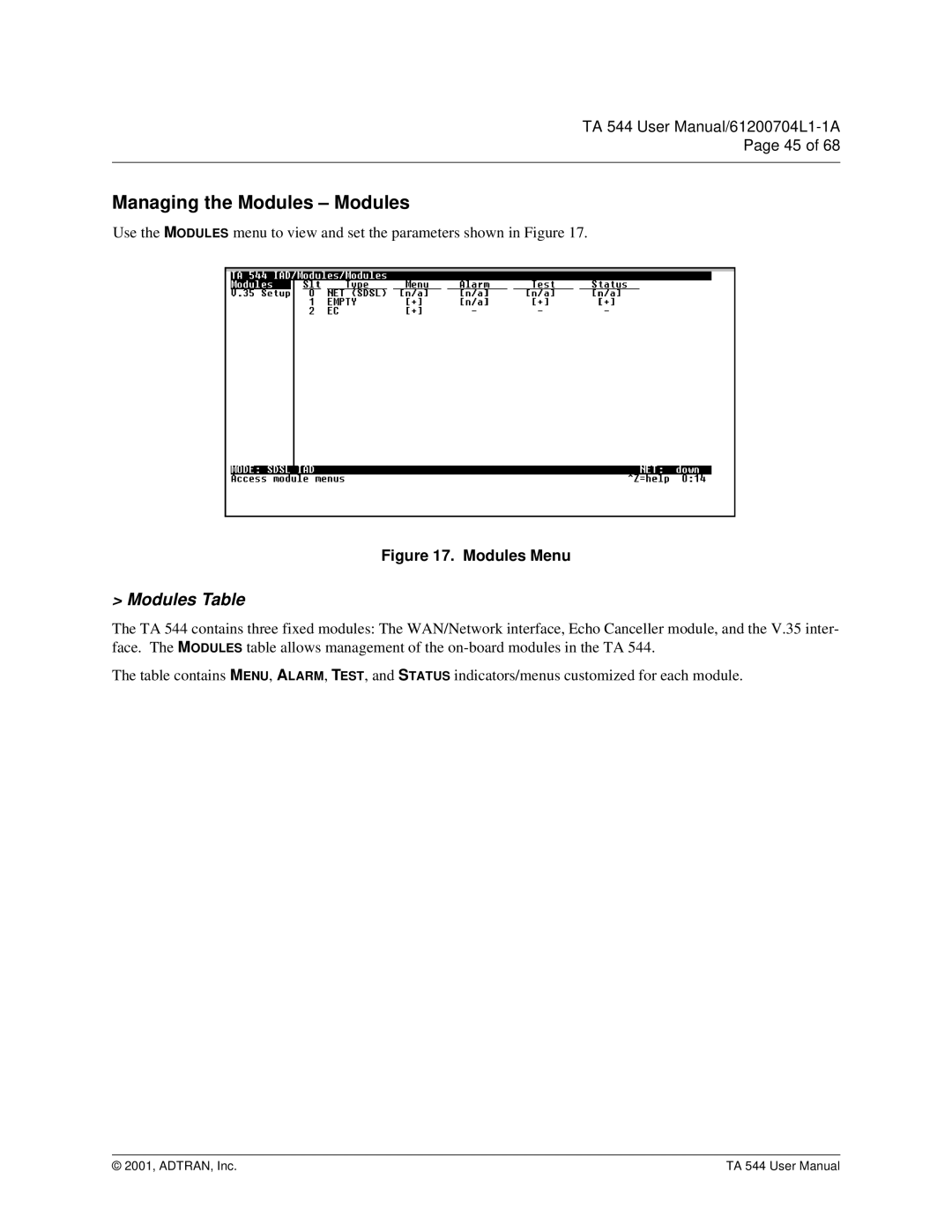 ADTRAN TA 544 user manual Managing the Modules Modules, Modules Table 