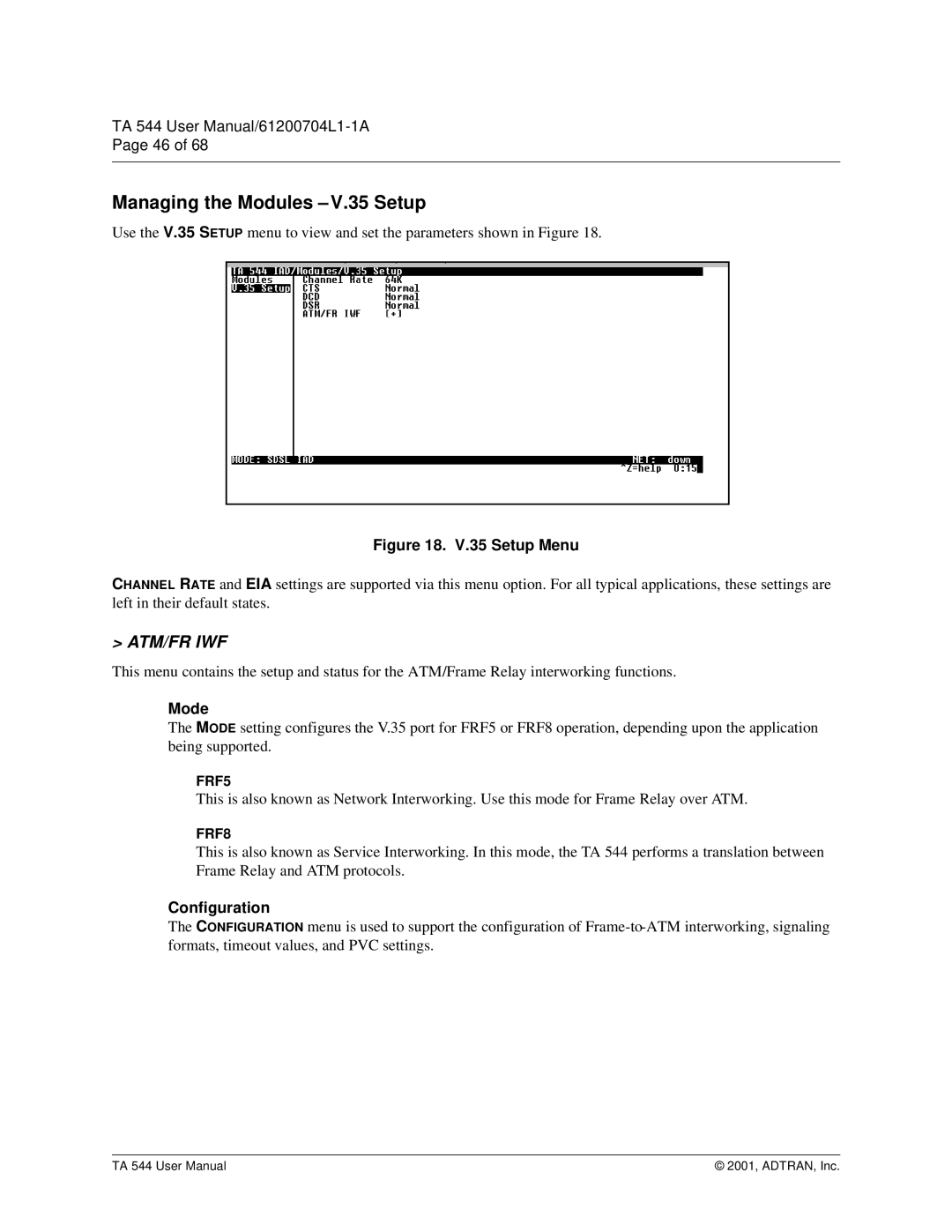 ADTRAN TA 544 user manual Managing the Modules V.35 Setup, Mode, Configuration 