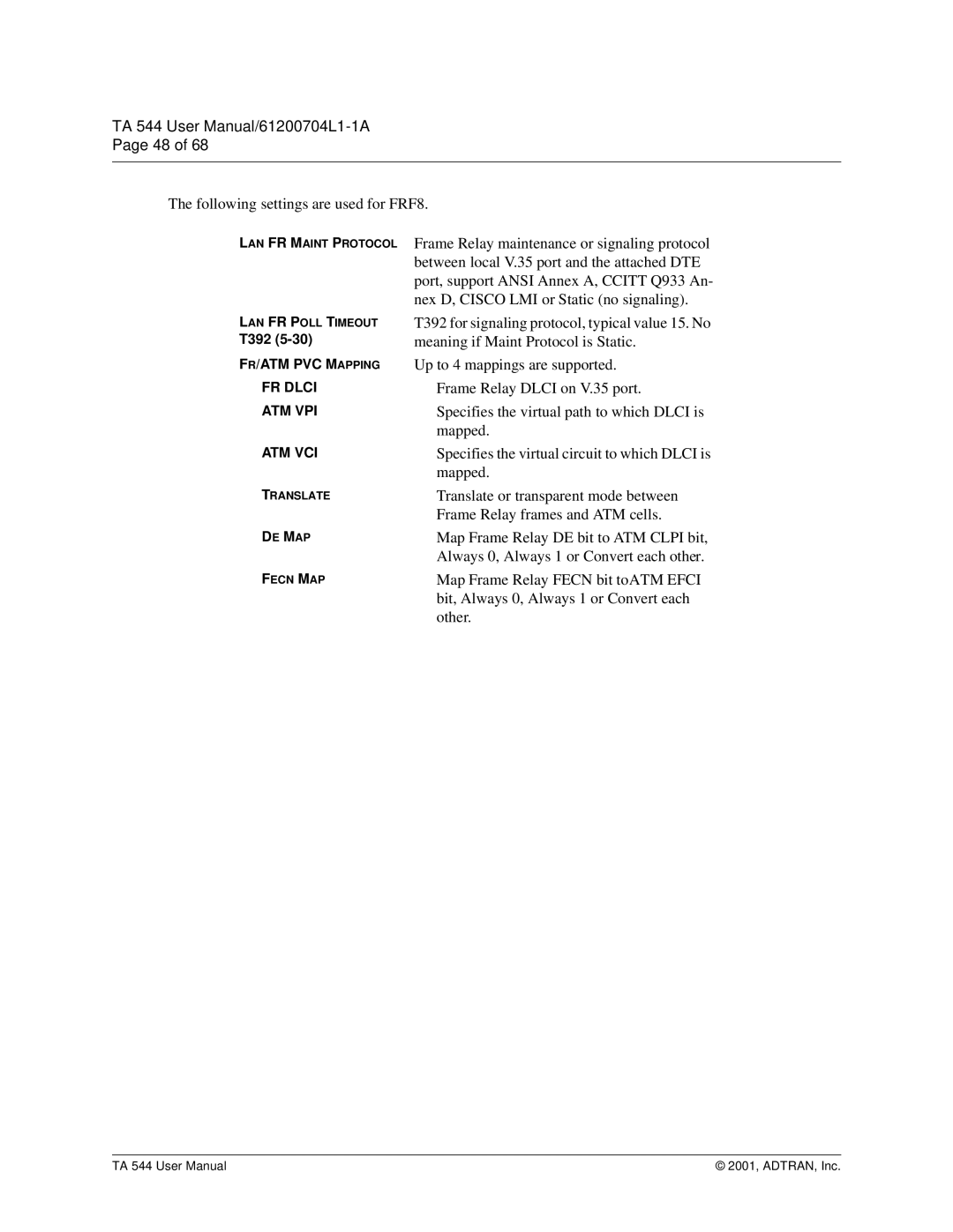 ADTRAN TA 544 user manual Following settings are used for FRF8 