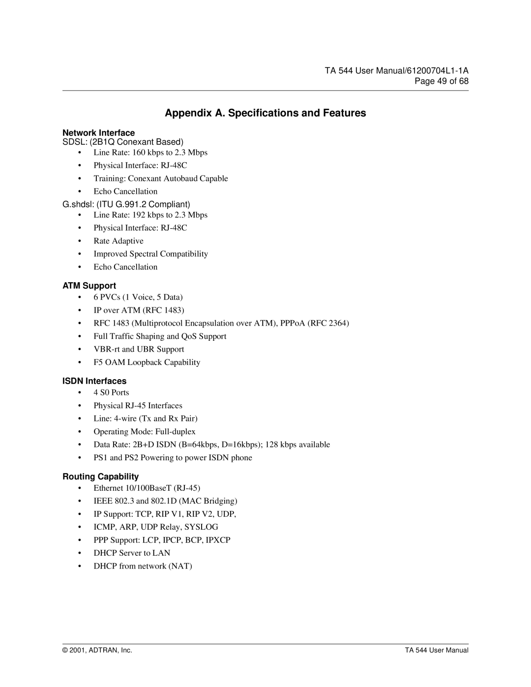 ADTRAN TA 544 Appendix A. Specifications and Features, Network Interface, ATM Support, Isdn Interfaces, Routing Capability 