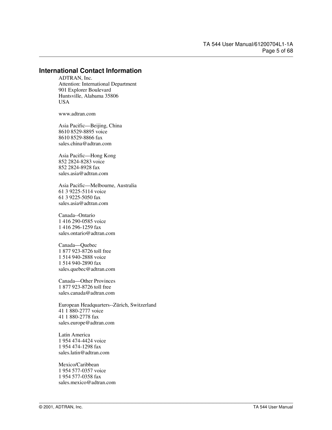 ADTRAN TA 544 user manual International Contact Information, Usa 