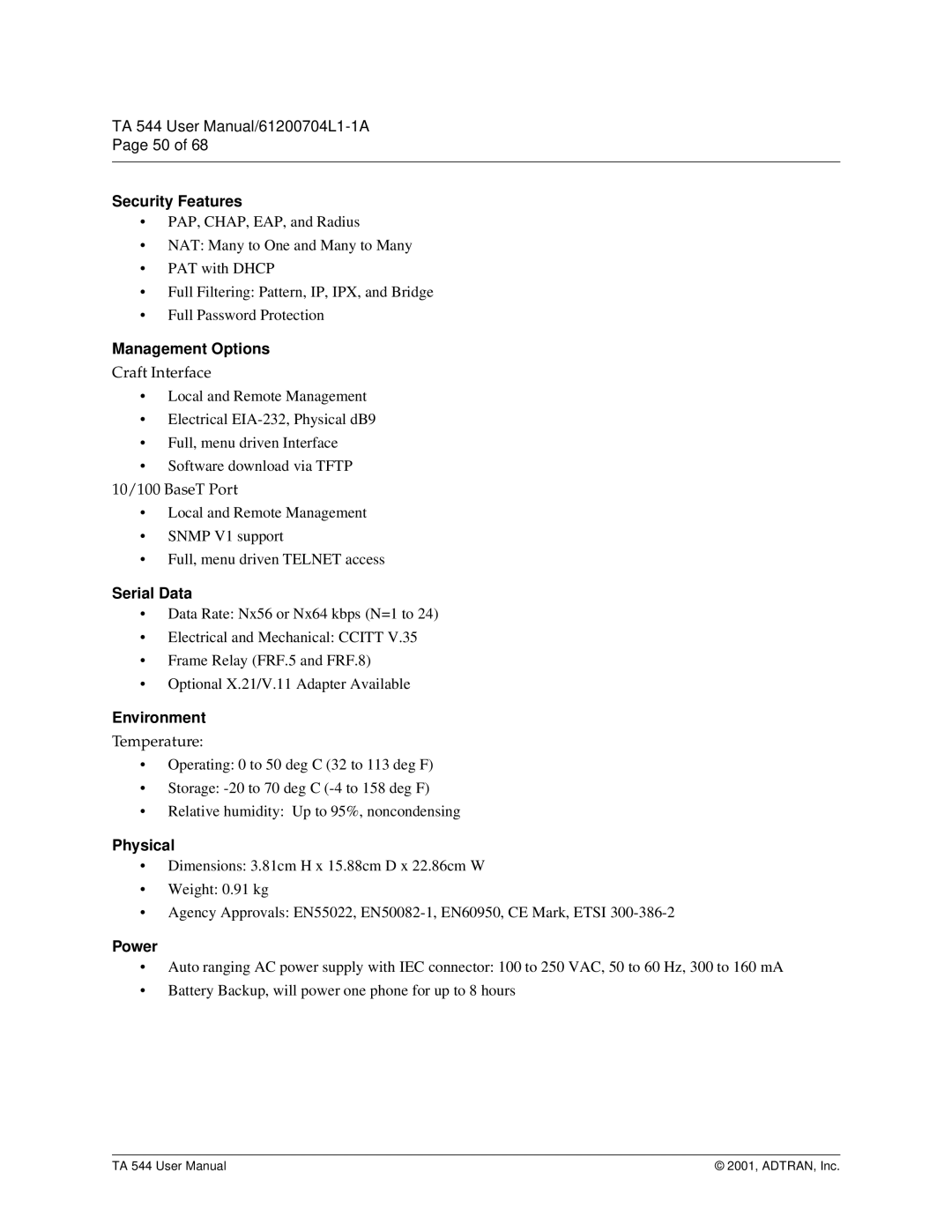 ADTRAN TA 544 user manual Security Features, Management Options, Serial Data, Environment, Physical, Power 