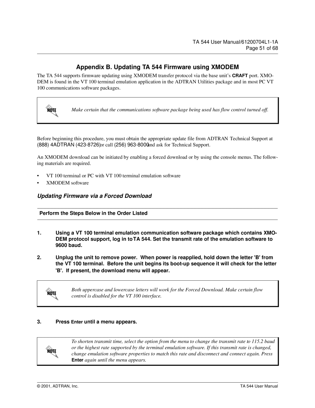 ADTRAN user manual Appendix B. Updating TA 544 Firmware using Xmodem, Updating Firmware via a Forced Download 