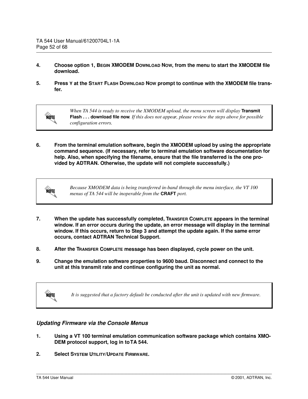 ADTRAN TA 544 user manual Updating Firmware via the Console Menus 