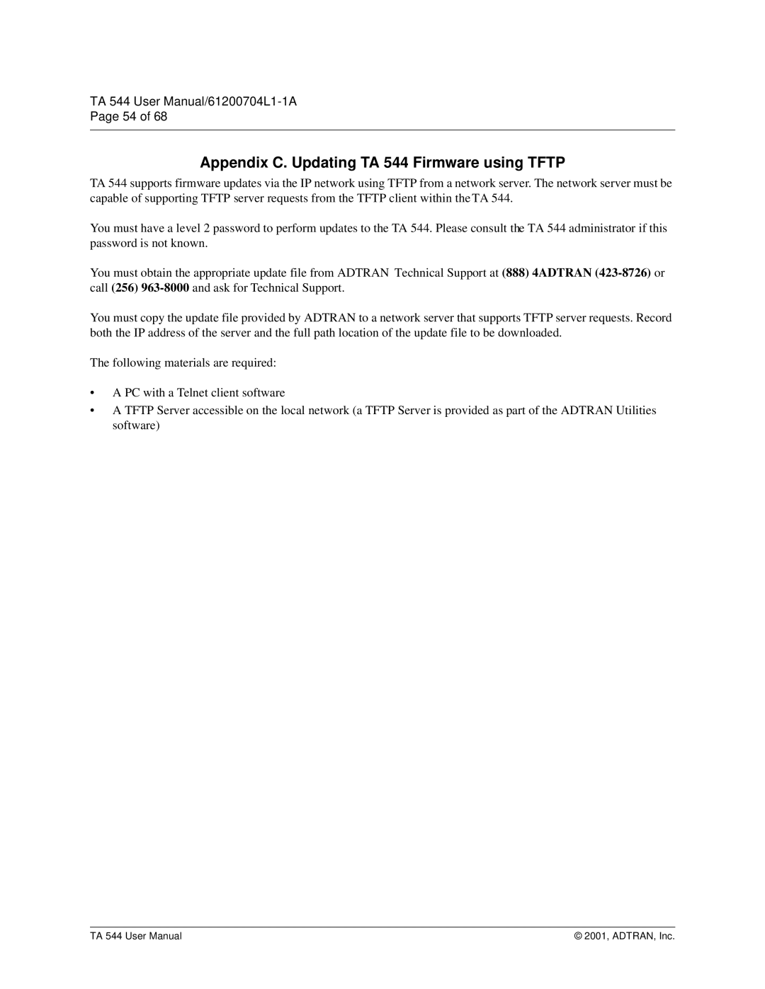 ADTRAN user manual Appendix C. Updating TA 544 Firmware using Tftp 