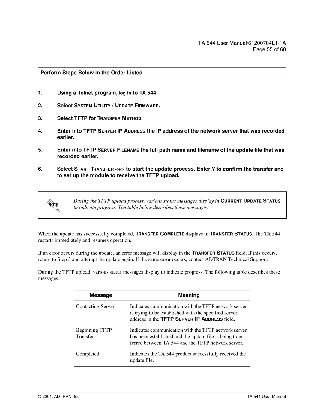 ADTRAN TA 544 user manual Message Meaning 