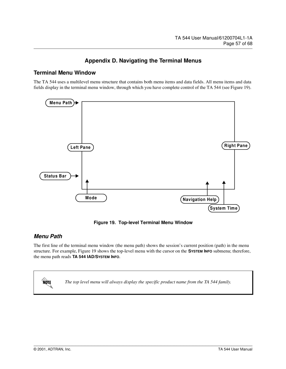 ADTRAN TA 544 user manual Enu Path Left Pane, Status Bar Ode Avigation H elp 