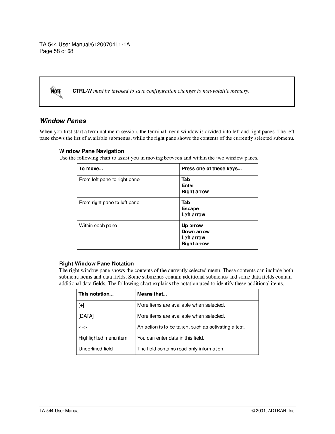 ADTRAN TA 544 user manual Window Pane Navigation, Right Window Pane Notation 