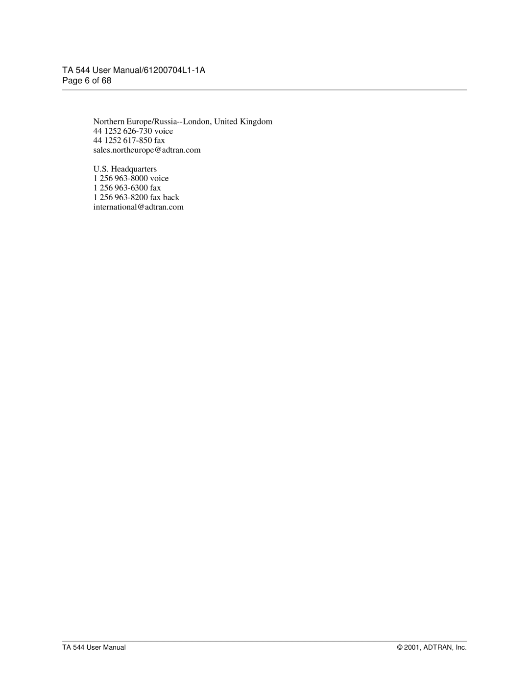 ADTRAN TA 544 user manual 2001, ADTRAN, Inc 