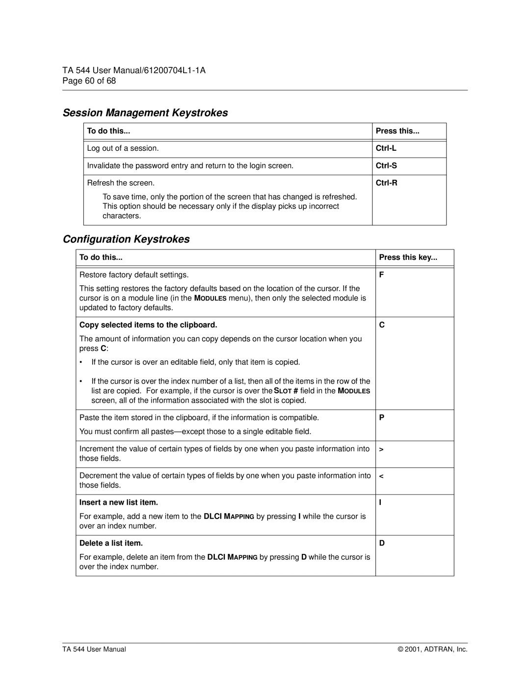 ADTRAN TA 544 user manual Session Management Keystrokes 