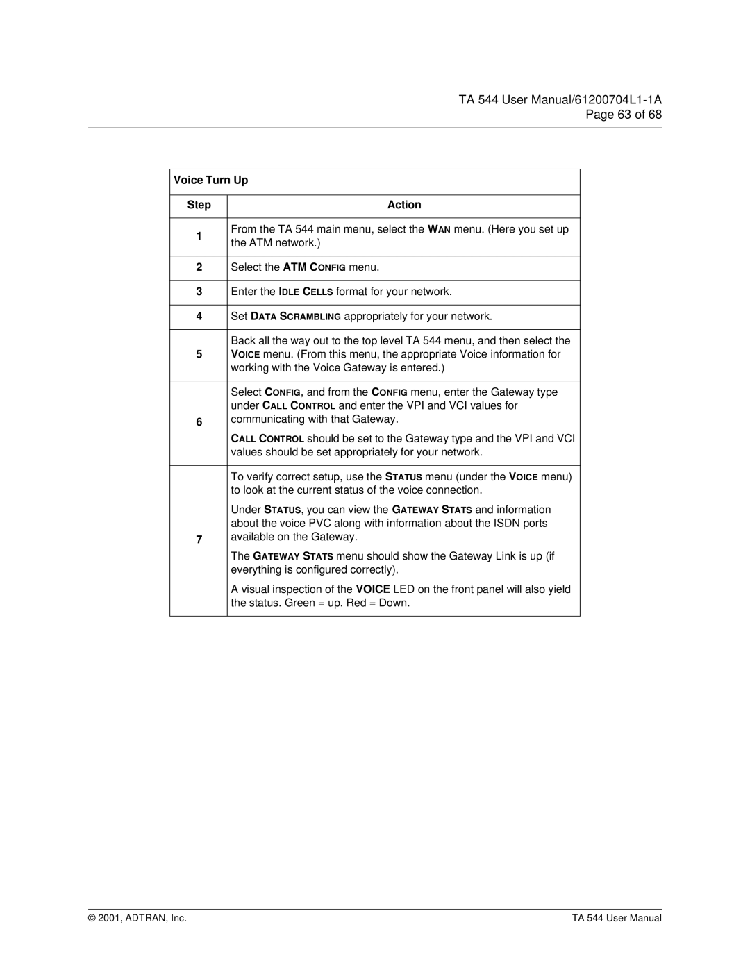 ADTRAN TA 544 user manual Voice Turn Up Step Action 