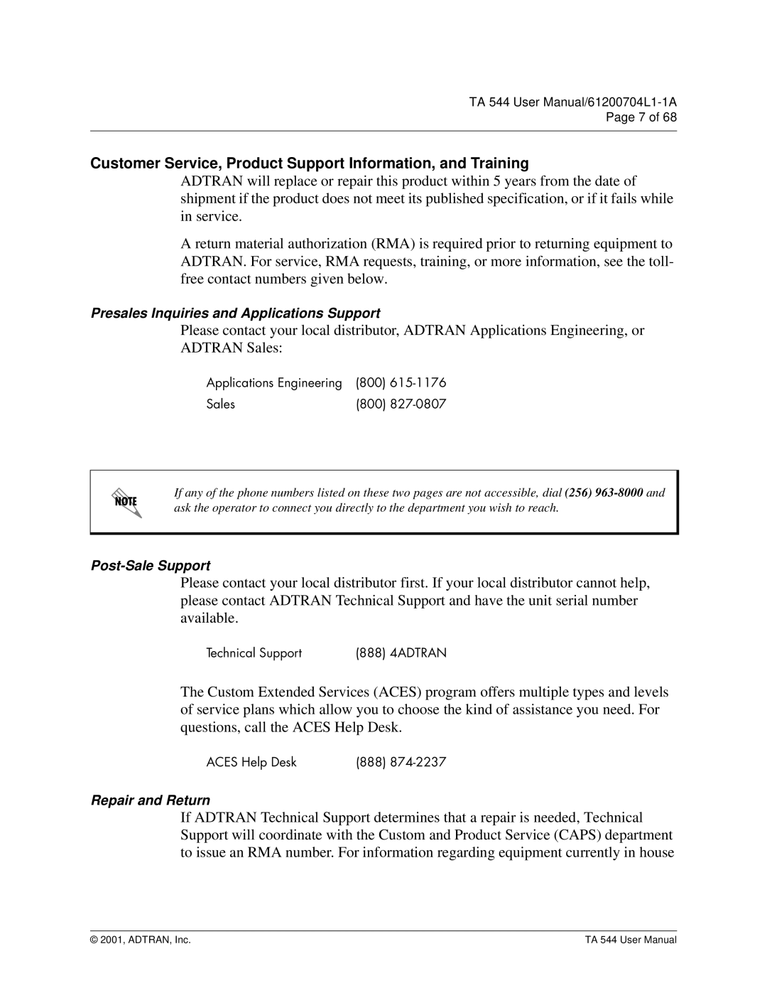 ADTRAN TA 544 Customer Service, Product Support Information, and Training, Presales Inquiries and Applications Support 