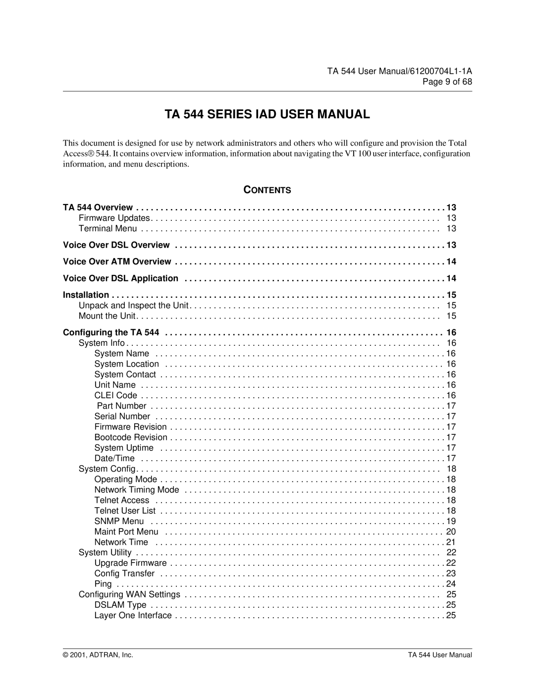 ADTRAN TA 544 user manual Contents 