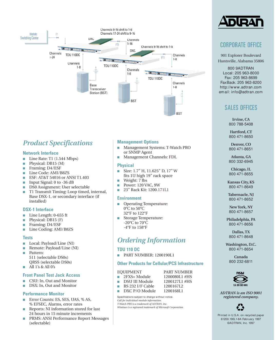 ADTRAN TDU 110DC manual Product Specifications, Ordering Information 