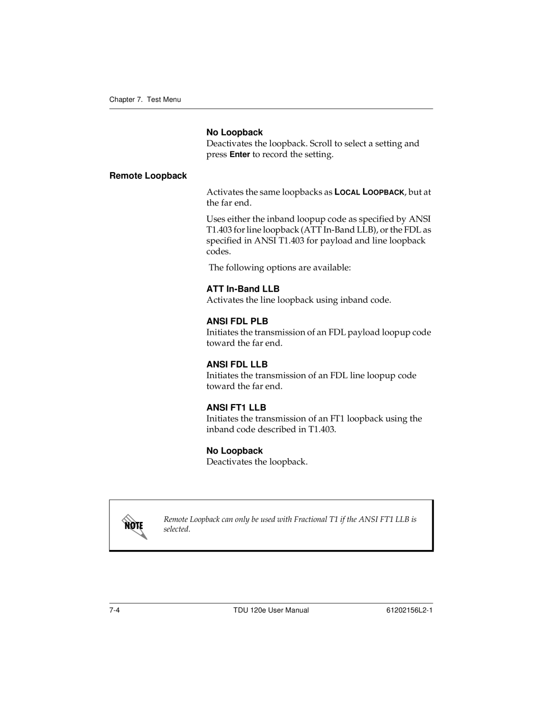 ADTRAN TDU 120e user manual Ansi FDL PLB, Ansi FDL LLB, Ansi FT1 LLB 