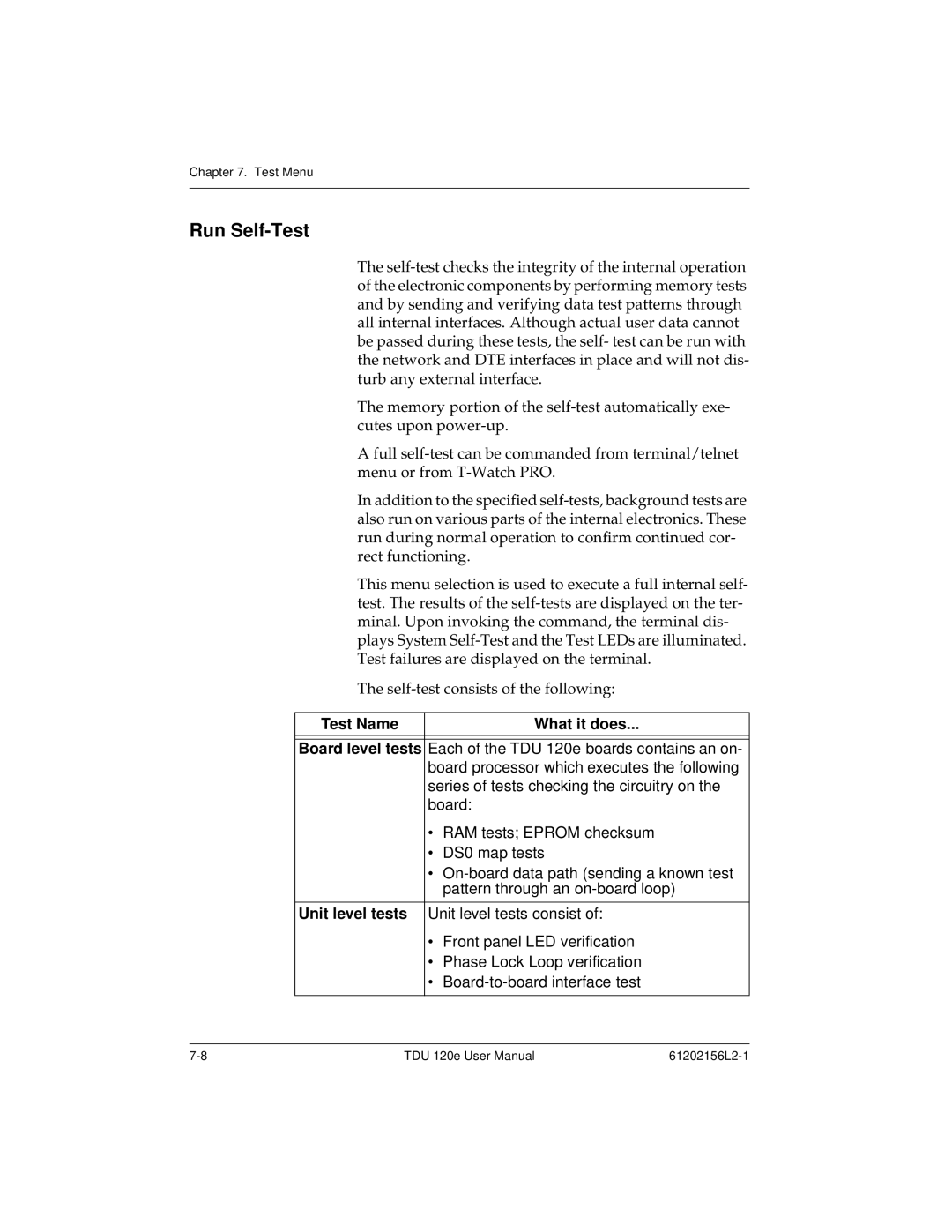 ADTRAN TDU 120e user manual Run Self-Test, Test Name What it does 