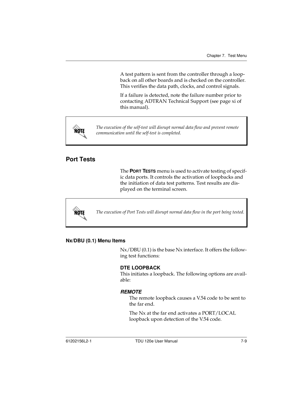 ADTRAN TDU 120e user manual Port Tests, DTE Loopback 