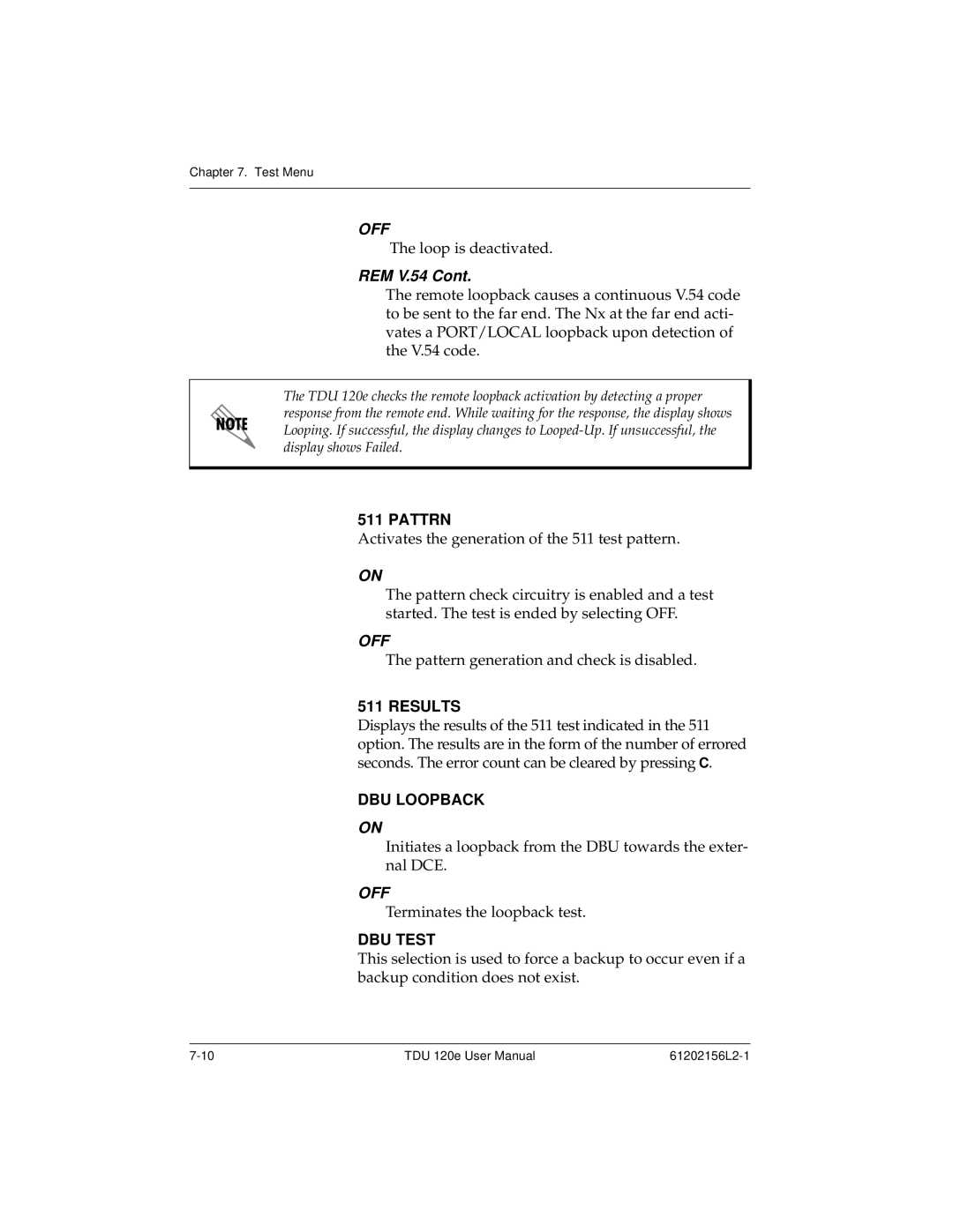 ADTRAN TDU 120e user manual REM V.54, Pattrn, Results, DBU Loopback, DBU Test 