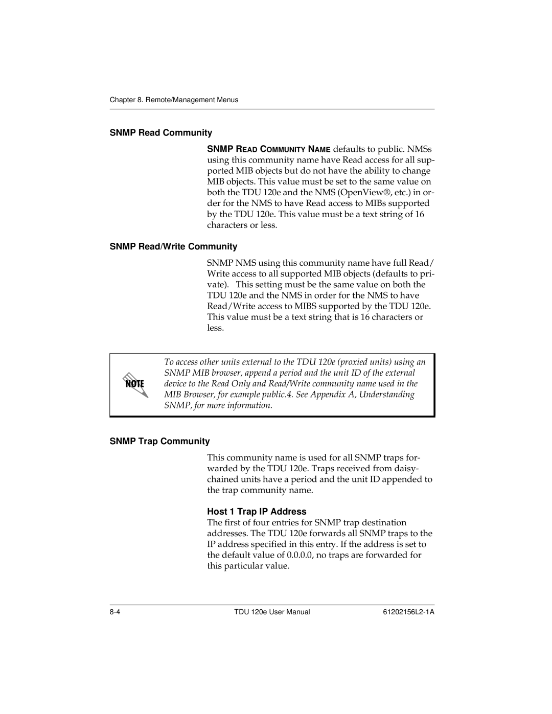 ADTRAN TDU 120e user manual Snmp Read Community, Snmp Read/Write Community, Snmp Trap Community, Host 1 Trap IP Address 