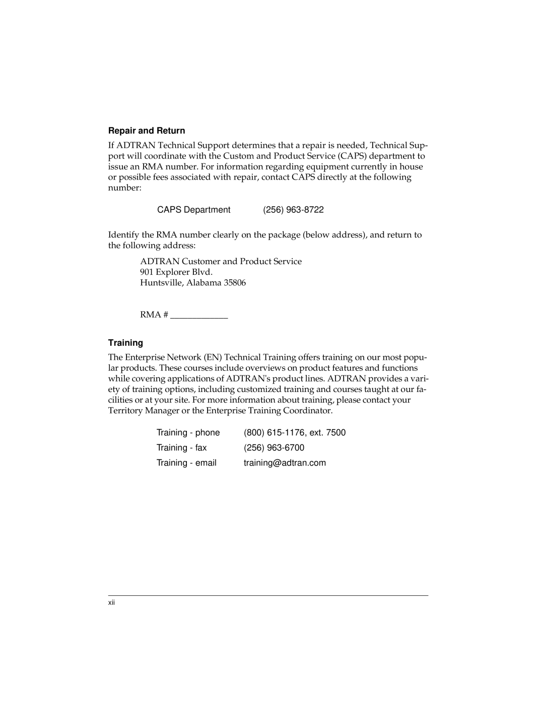 ADTRAN TDU 120e user manual Repair and Return, Training 