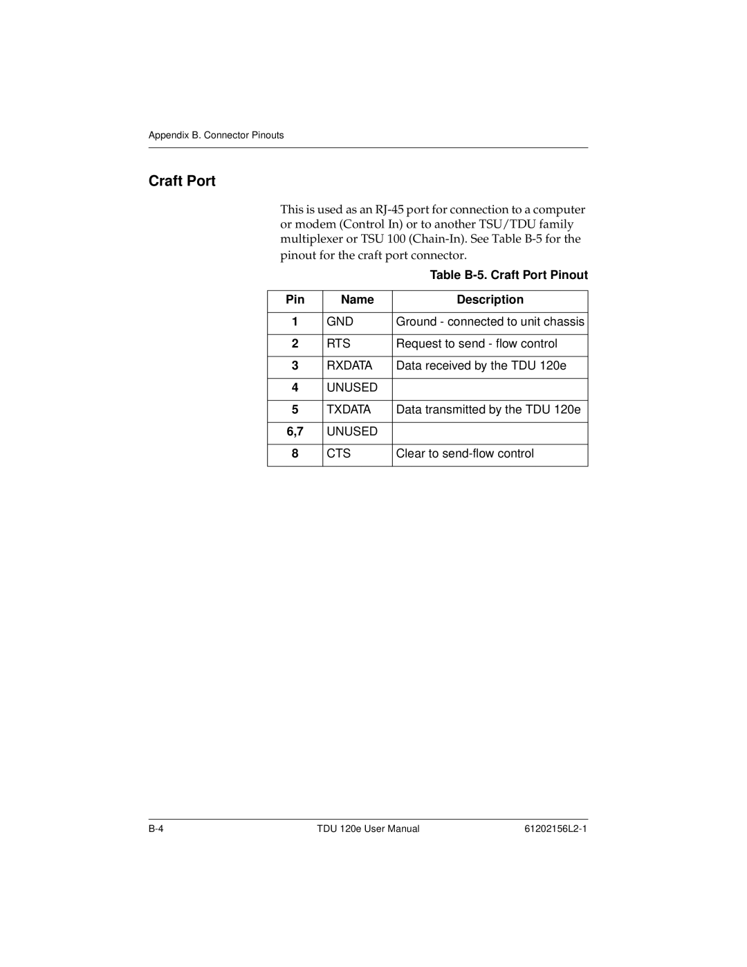 ADTRAN TDU 120e user manual Table B-5. Craft Port Pinout 