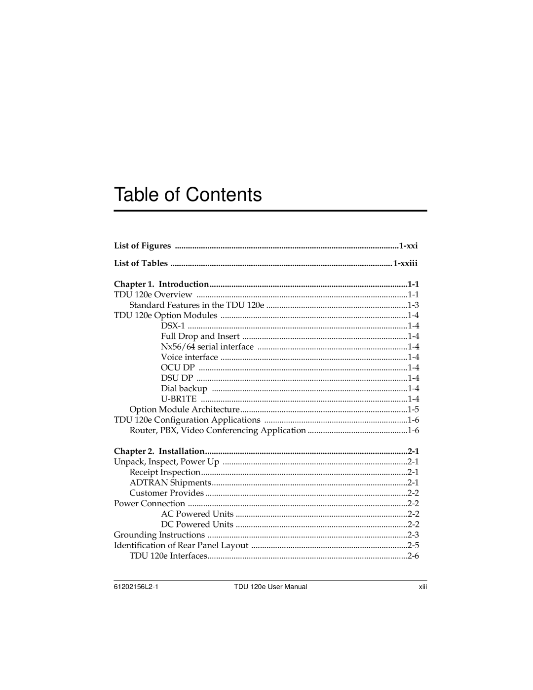 ADTRAN TDU 120e user manual Table of Contents 