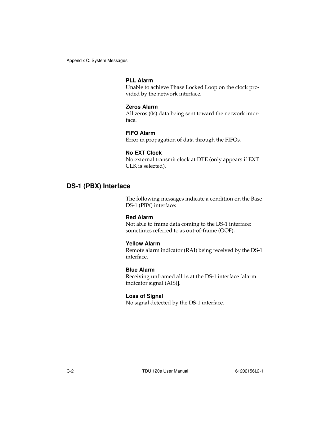 ADTRAN TDU 120e user manual DS-1 PBX Interface, PLL Alarm, Zeros Alarm, Fifo Alarm, No EXT Clock 