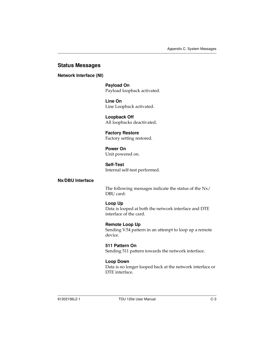 ADTRAN TDU 120e user manual Status Messages 